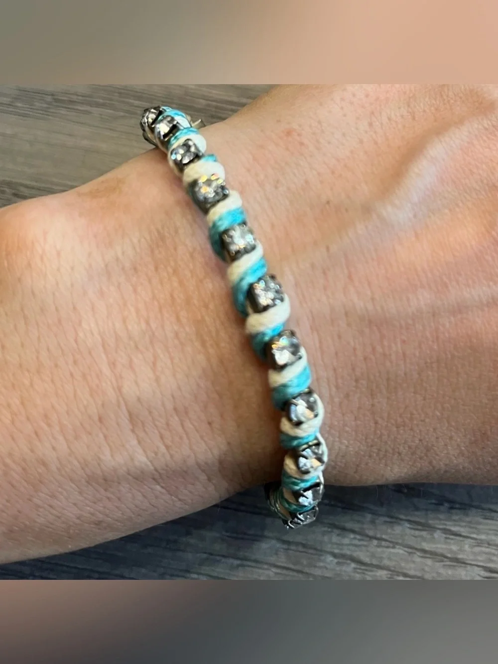 Crystal Rhinestone Wrap Cord Bracelet Turquoise & Ivory Adjustable Boho